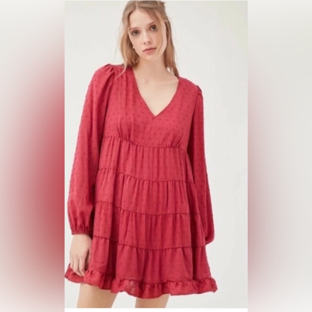 Urban Outfitters Textured Long Sleeve Frock Mini Boho Ruffled Dress Size
